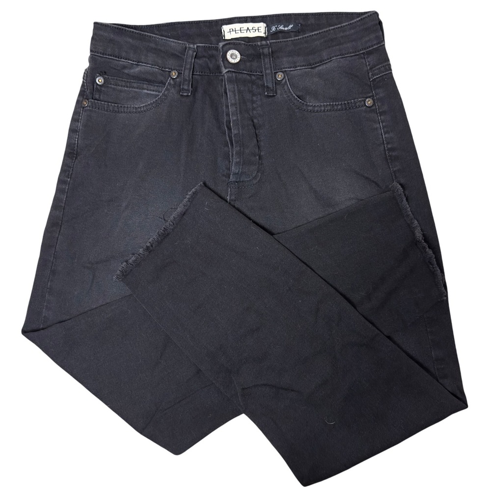 PLEASE Denim Jeans Black Wash‎ Frayed Hem Heart Detail Casual XS